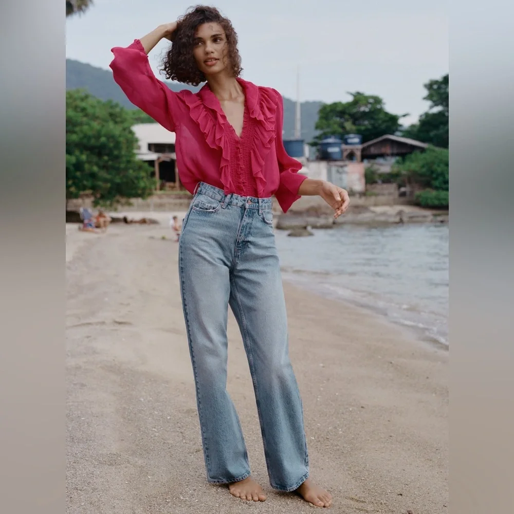ZARA SEMI-SHEER BLOUSE WITH RUFFLES - Picture 1 of 5